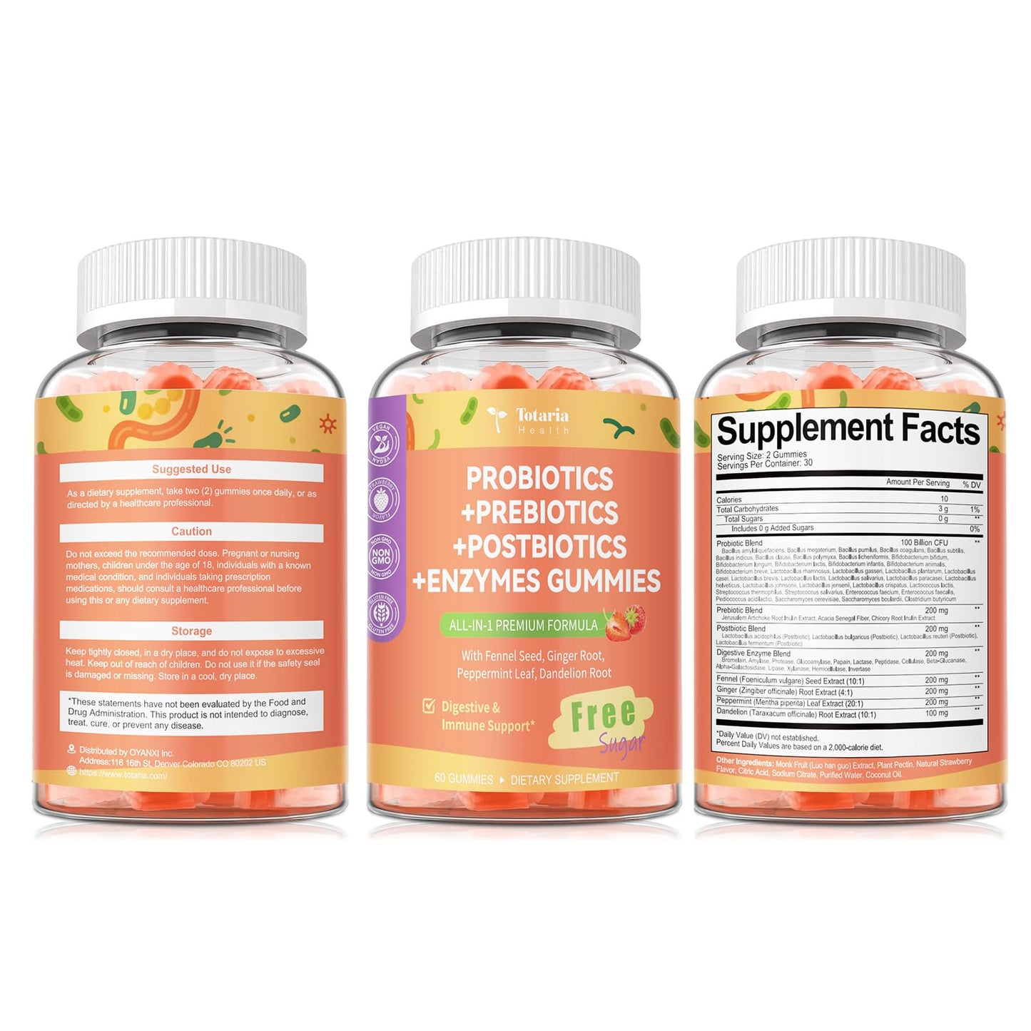 Totaria Sugar Free 5-in-1 Probiotic Prebiotic Postbiotic Gummy, 36 Strains Probiotics for Women Men with Digestive Enzymes, Peppermint, Complete Immune, - Maple Wellness Supplements