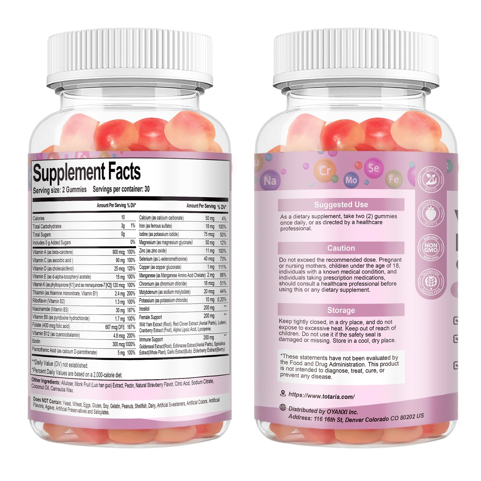 Totaria Sugar Free Multivitamin Gummies for Women 14+ w/Iron, Inositol, Folate, Biotin, Womens Daily Multivitamin Gummy w/Vitamin A, C, B, D3, K2 - Maple Wellness Supplements
