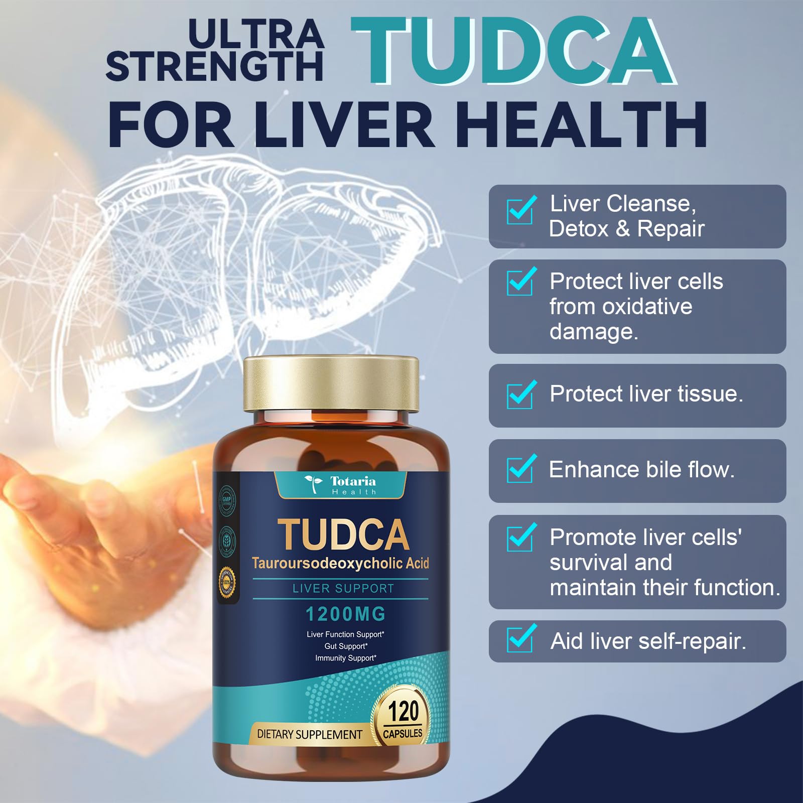Totaria TUDCA Bile Salts 1200mg (Tauroursodeoxycholic Acid), 120 Capsules, Ultra Strength Pure TUDCA Liver Supplements - Maple Wellness Supplements