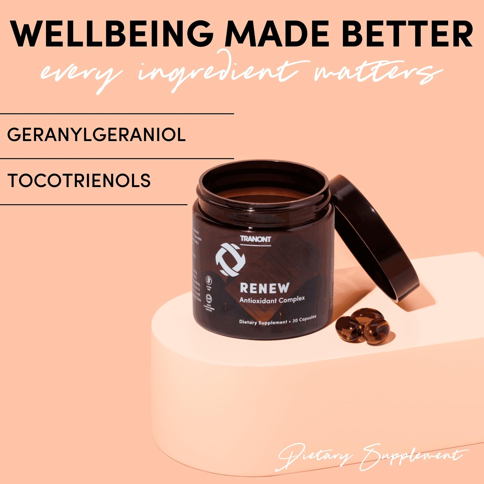 Tranont Renew - Antioxidant Complex for Vitality & Wellness | Vitamin E Tocotrienols & Geranylgeraniol | Supports Healthy Cellular Function, Joint Health, & Youthful Glow - 30 Capsules - Maple Wellness Supplements
