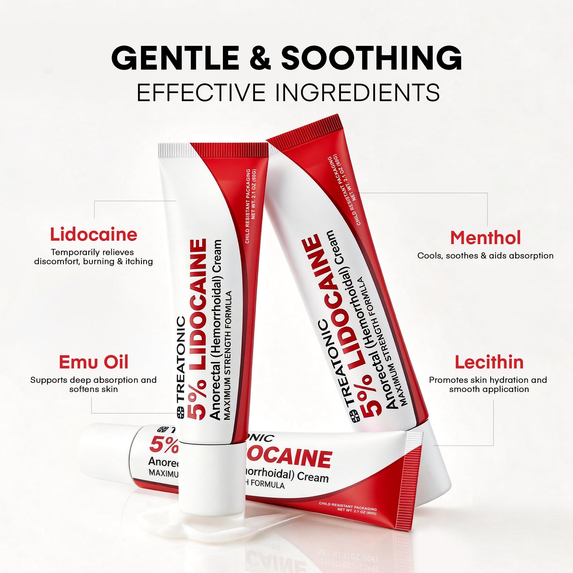 Treatonic 5% Lidocaine Numbing Cream: Lidocaine Cream for Pain Relief, Itching, Burning, Soreness, Hemorrhoid - Maximum Strength Topical Numb Cream - Fast Acting & Long Lasting Numbing Cream- 2.1 oz - Maple Wellness Supplements
