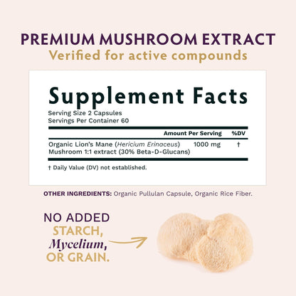 TRIBE ORGANICS Lion’s Mane Supplement 1000mg Mushroom Extract Powder - Immune System Booster & Brain Nootropic for Focus and Memory | Mental Clarity | Natural Energy and Immunity - 120 Vegan Capsules - Maple Wellness Supplements