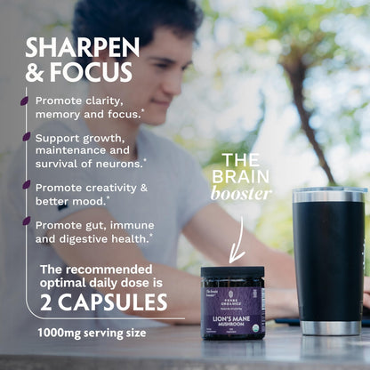 TRIBE ORGANICS Lion’s Mane Supplement 1000mg Mushroom Extract Powder - Immune System Booster & Brain Nootropic for Focus and Memory | Mental Clarity | Natural Energy and Immunity - 120 Vegan Capsules - Maple Wellness Supplements