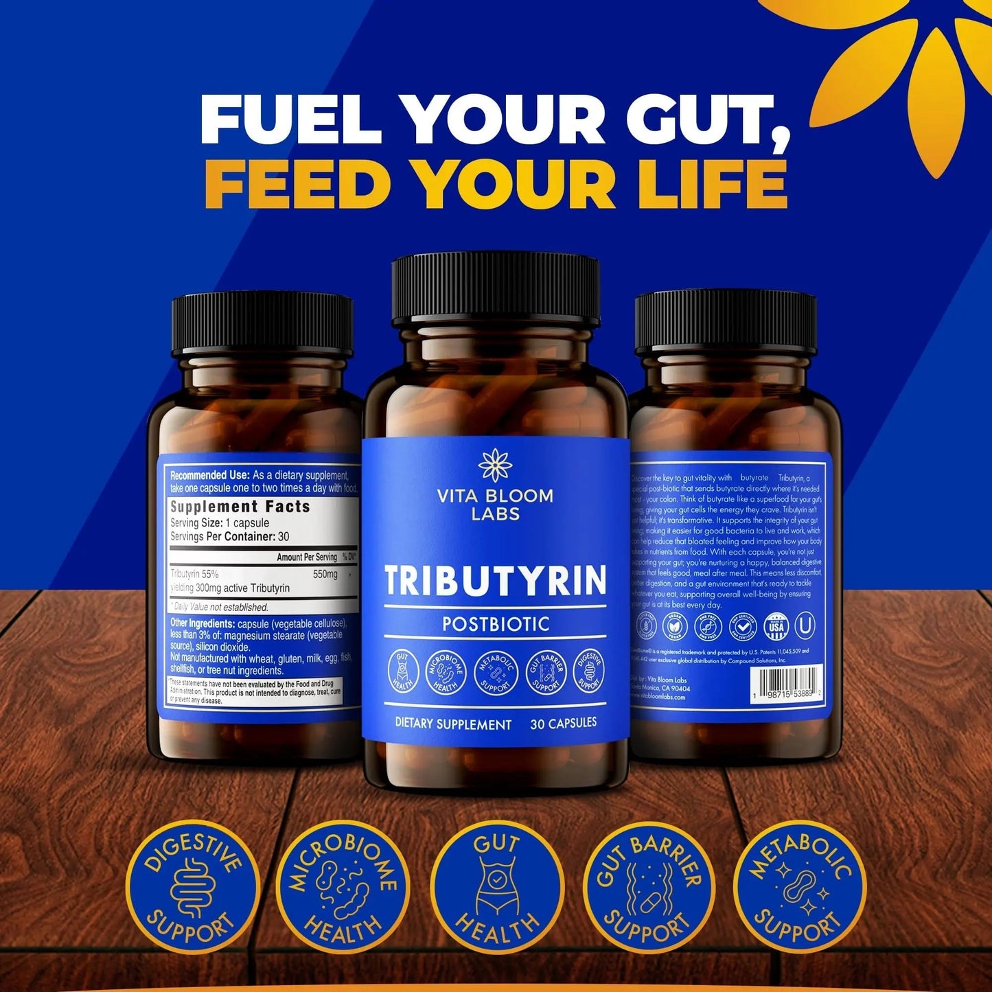 Tributyrin Supplement - Better Delivery & More Effective than Sodium Butyrate - Gut Health & Digestive Support - 3-in-1 Butyrate Postbiotics for Leaky Gut & Gut Barrier Support - 30 Capsules - Maple Wellness Supplements