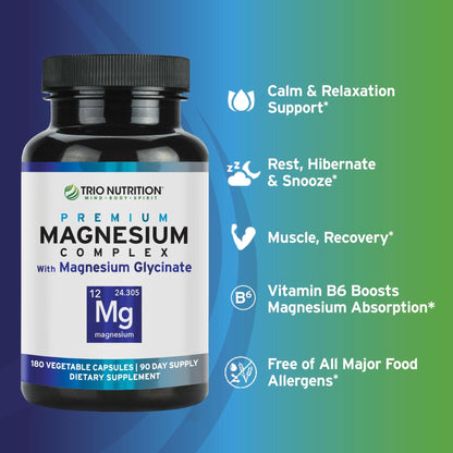 Trio Nutrition Magnesium Complex 90 Day Supply 420 mg | Natural Calm, Relax, Stress Relief, and Muscle Recovery |Magnesium Glycinate Supplement with Vitamin B6 for Rapid Absorption* - Maple Wellness Supplements