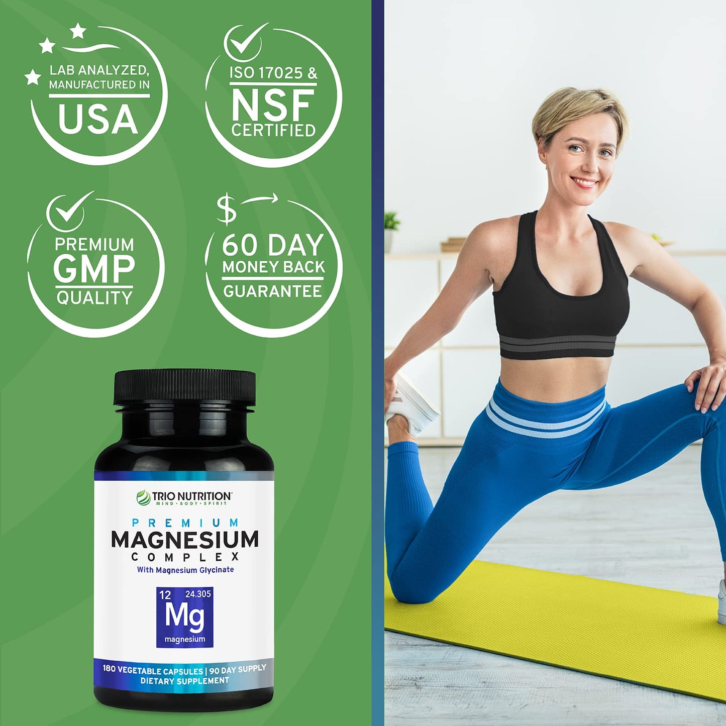 Trio Nutrition Magnesium Complex 90 Day Supply 420 mg | Natural Calm, Relax, Stress Relief, and Muscle Recovery |Magnesium Glycinate Supplement with Vitamin B6 for Rapid Absorption* - Maple Wellness Supplements