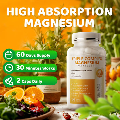 Triple Magnesium Complex - Magnesium Glycinate, Taurate & Malate Supplement with Omega3, Ashwagandha, GABA for Sleep, Brain Heart & Muscle Support - High Absorption and Gentle, Vegan, 120 Capsules - Maple Wellness Supplements