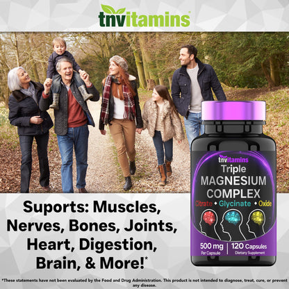 Triple Magnesium Complex Supplement 500mg: Magnesium Glycinate, Citrate, & Oxide - 120 Capsules (4 Month Supply!) | 1 Capsule Serving Provides 125% Daily Value | Non-GMO, Made in The USA! - Maple Wellness Supplements