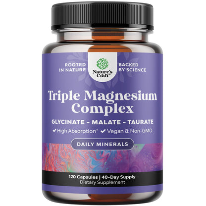 Triple Magnesium Complex Supplement - High Absorption Magnesium Glycinate, Malate & Taurate Blend for Muscles, Energy Support & Heart Health - Triple Mg Complex 400 mg Capsules - 120 Count - Maple Wellness Supplements