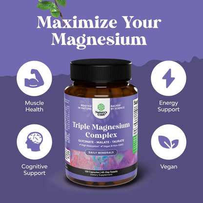 Triple Magnesium Complex Supplement - High Absorption Magnesium Glycinate, Malate & Taurate Blend for Muscles, Energy Support & Heart Health - Triple Mg Complex 400 mg Capsules - 120 Count - Maple Wellness Supplements