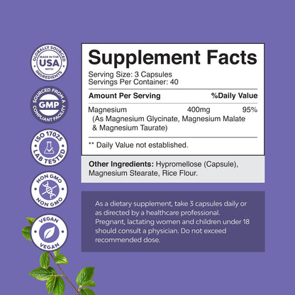 Triple Magnesium Complex Supplement - High Absorption Magnesium Glycinate, Malate & Taurate Blend for Muscles, Energy Support & Heart Health - Triple Mg Complex 400 mg Capsules - 120 Count - Maple Wellness Supplements