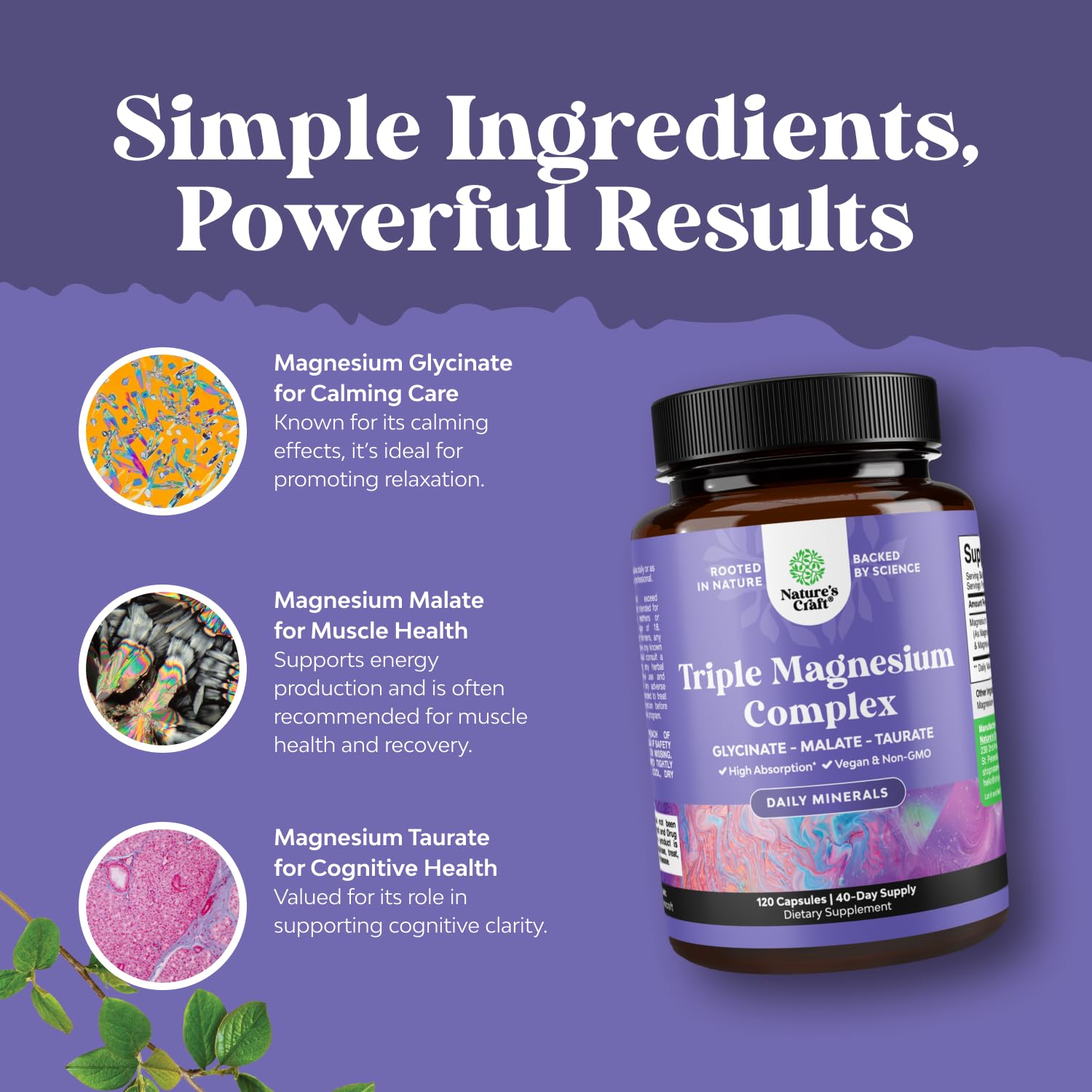 Triple Magnesium Complex Supplement - High Absorption Magnesium Glycinate, Malate & Taurate Blend for Muscles, Energy Support & Heart Health - Triple Mg Complex 400 mg Capsules - 120 Count - Maple Wellness Supplements