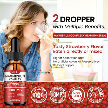 Triple Magnesium Complex Supplement, Magnesium Glycinate, Blend, Citrate Liquid Drops 1000mg with Ashwagandha, CoQ10, Vitamin B6, C, D, Zinc -Support Calm Stress Relief, Bone, Muscle, Mood Vegan - Maple Wellness Supplements