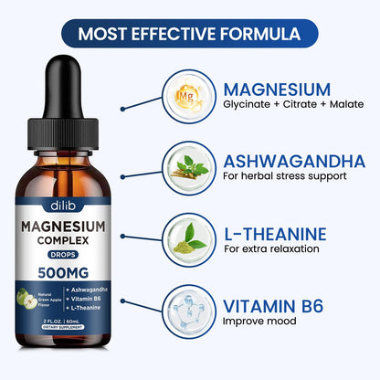 Triple Magnesium Complex Supplement-Magnesium Glycinate, Citrate, Malate Liquid Drops 500mg with Ashwagandha, L-Theanine, B6 for Calm, Stress Relief, Sleep, Muscle Support-Green Apple Flavor - Maple Wellness Supplements