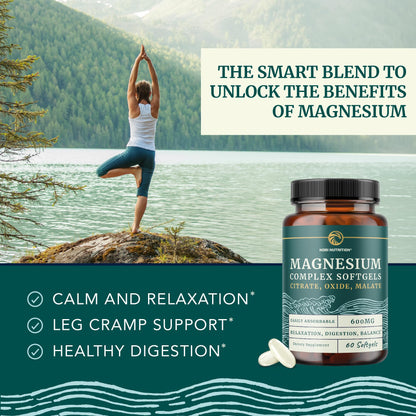 Triple Magnesium Softgels | Citrate, Malate, & Oxide | Highly Absorbable Magnesium Supplement for Digestion, Calm, Leg Cramps, & Sleep Support | 300mg Complex | Easy to Swallow Soft Gels | 60 Count - Maple Wellness Supplements