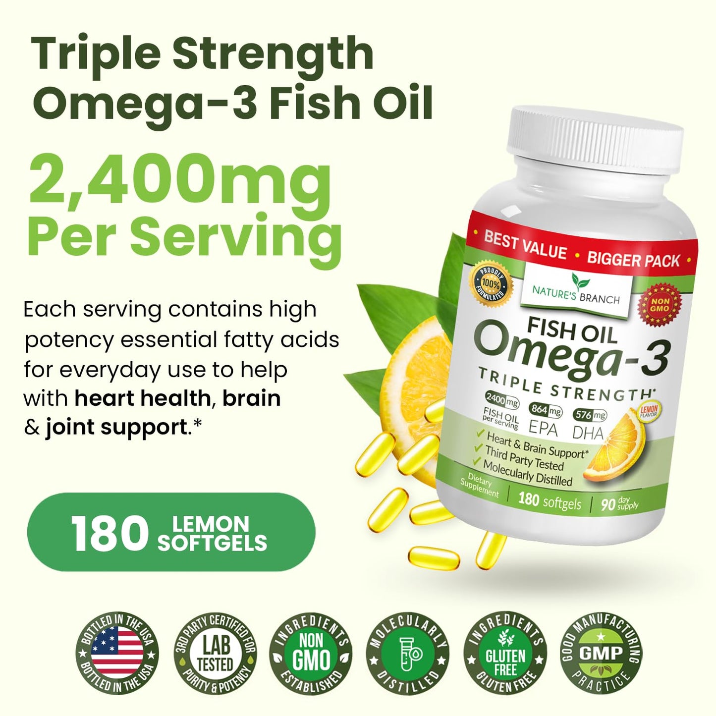 Triple Strength Omega 3 Fish Oil Supplements 2400mg | 180 Capsules, Burpless High Potency Lemon Flavor, High EPA DHA for Men & Women Ultra Pure Softgels - Maple Wellness Supplements