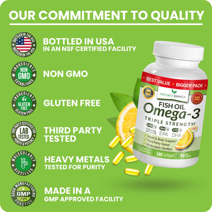 Triple Strength Omega 3 Fish Oil Supplements 2400mg | 180 Capsules, Burpless High Potency Lemon Flavor, High EPA DHA for Men & Women Ultra Pure Softgels - Maple Wellness Supplements