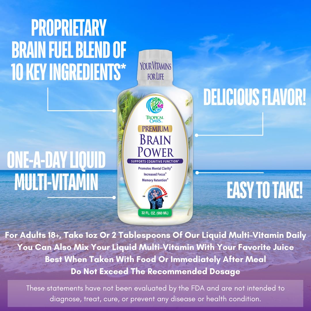 Tropical Oasis - Brain Power | Liquid Nootropic Supplement - Promotes Mental Clarity, Focus, and Memory Retention (Unflavored, 32 Servings) - Maple Wellness Supplements