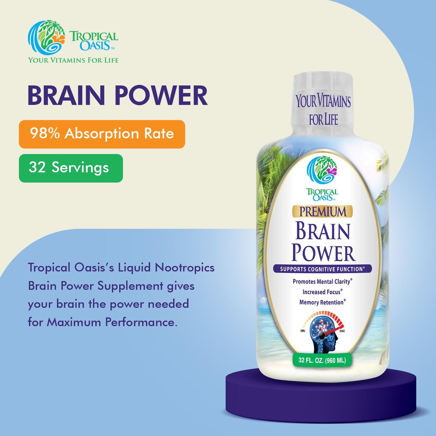Tropical Oasis - Brain Power | Liquid Nootropic Supplement - Promotes Mental Clarity, Focus, and Memory Retention (Unflavored, 32 Servings) - Maple Wellness Supplements