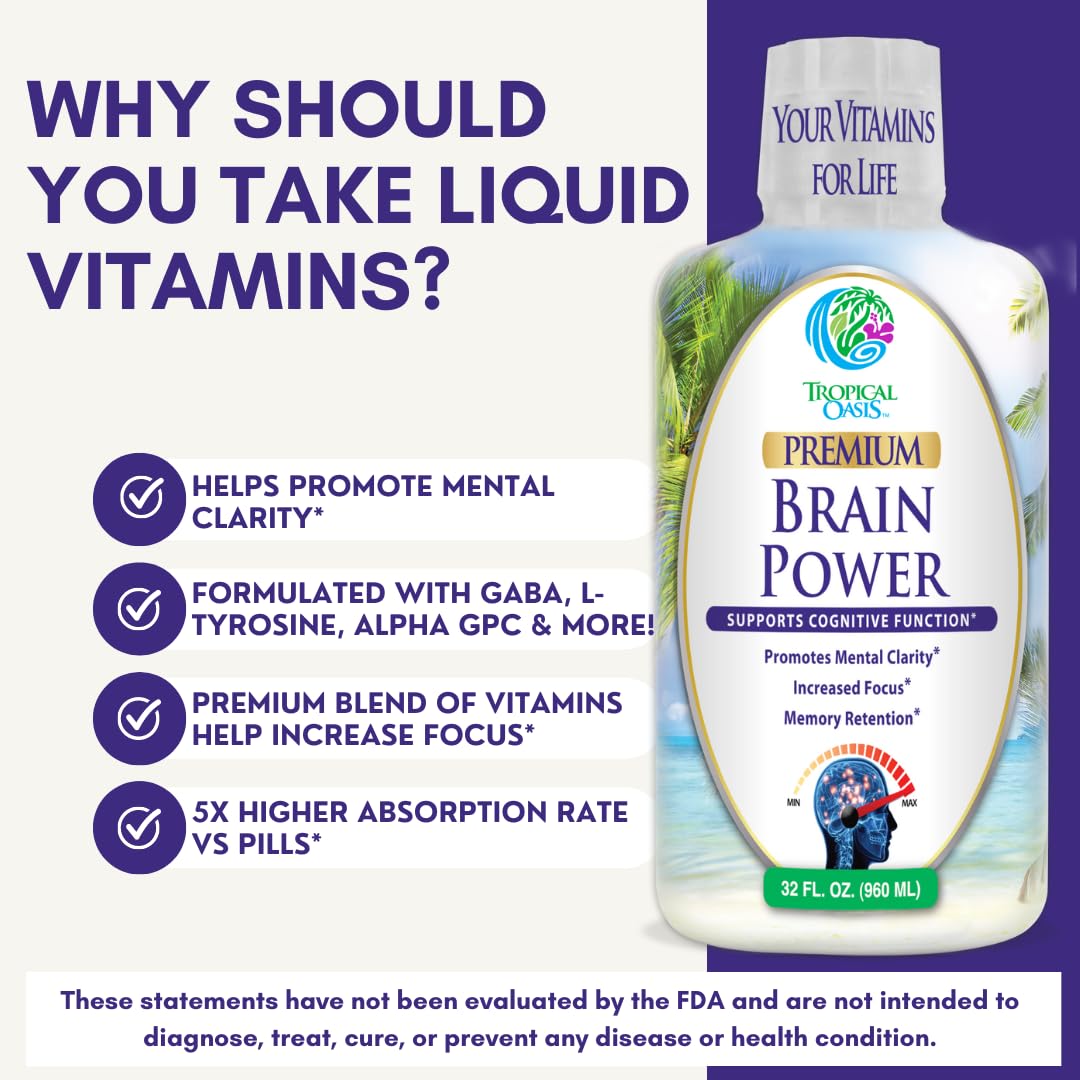 Tropical Oasis - Brain Power | Liquid Nootropic Supplement - Promotes Mental Clarity, Focus, and Memory Retention (Unflavored, 32 Servings) - Maple Wellness Supplements