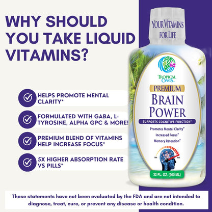 Tropical Oasis - Brain Power | Liquid Nootropic Supplement - Promotes Mental Clarity, Focus, and Memory Retention (Unflavored, 32 Servings) - Maple Wellness Supplements