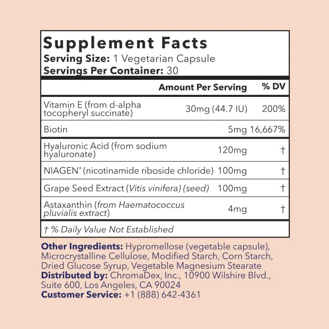 TRU NIAGEN BEAUTY NAD+ for Hair, Skin & Nails | Contains Niagen®, Astaxanthin, Hyaluronic Acid, Biotin | Supports Skin Elasticity & Moisture Retention | Daily Supplements for Men & Women | 30 Servings - Maple Wellness Supplements