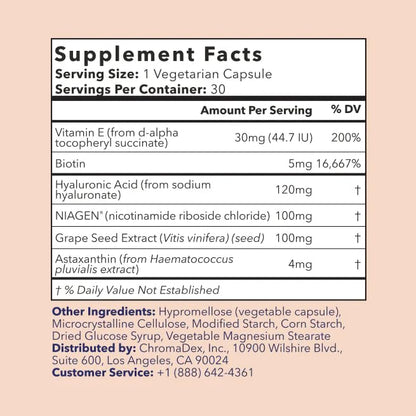 TRU NIAGEN BEAUTY NAD+ for Hair, Skin & Nails | Contains Niagen®, Astaxanthin, Hyaluronic Acid, Biotin | Supports Skin Elasticity & Moisture Retention | Daily Supplements for Men & Women | 30 Servings - Maple Wellness Supplements