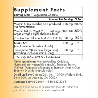 TRU NIAGEN Immune Support Supplement - Daily Defense, Vitamin C from Fermentation, Vegan Vitamin D3 2000 IU, Zinc, Plus Theracurmin (Curcumin) + Multi Award-Winning NAD Boosting Niagen 150mg 60ct - Maple Wellness Supplements