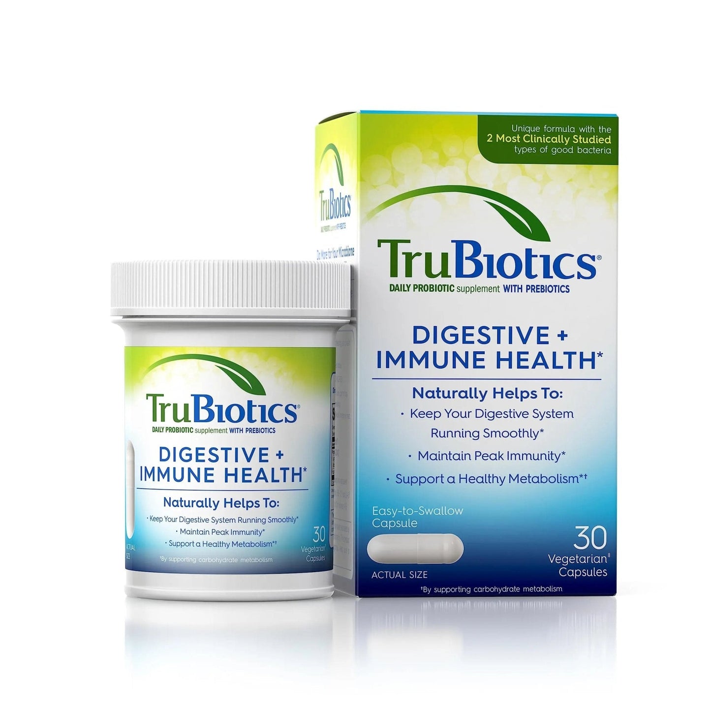 TruBiotics Probiotics for Digestive & Immune Health, Supports Regularity & Helps Relieve Abdominal Discomfort, Gas & Bloating, 2 Clinically Studied Probiotic Strains, Plus Prebiotics, 30 Capsules - Maple Wellness Supplements