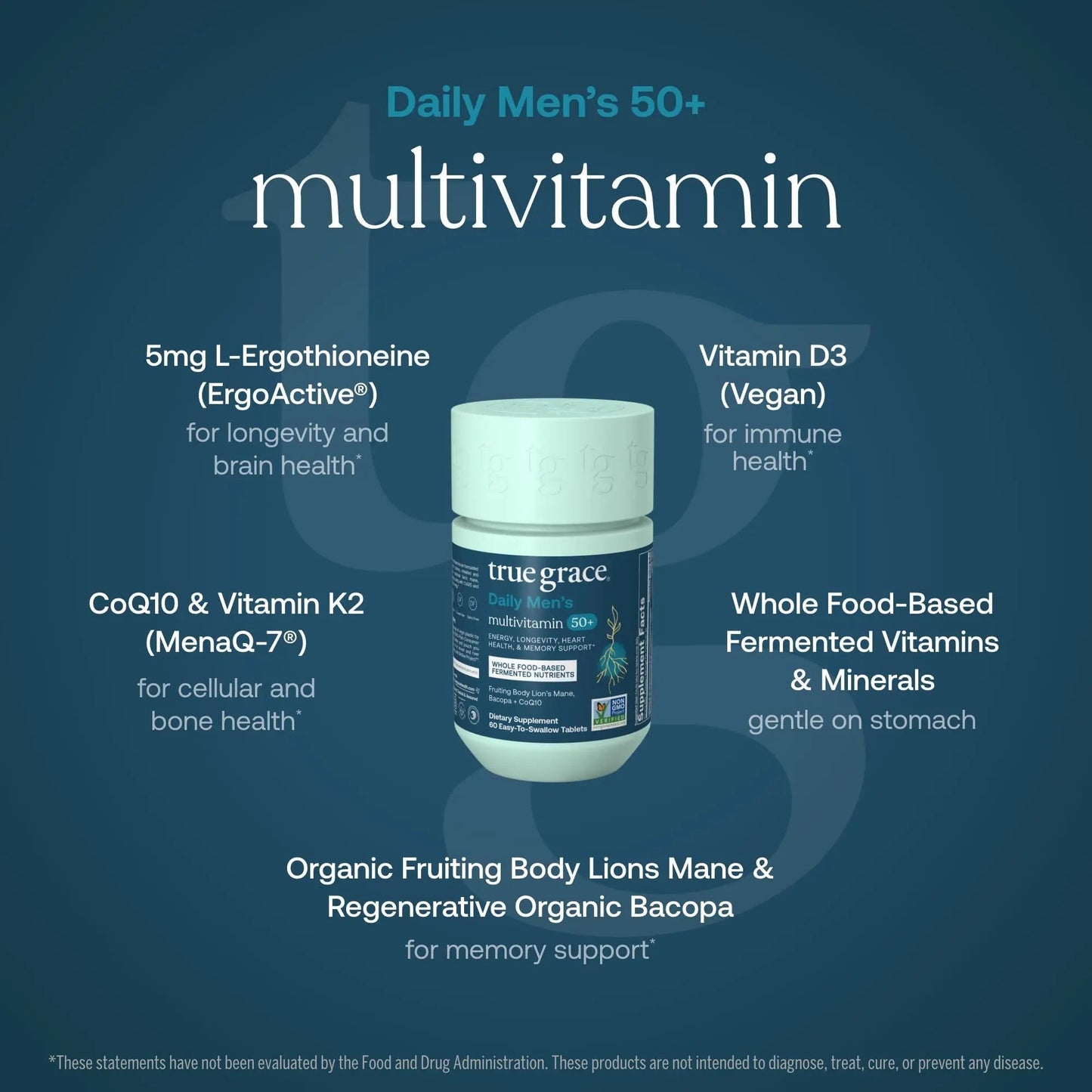 True Grace Daily Men’s Multivitamin 50+ - 60 Easy-to-Swallow Tablets - Immune, Energy, Longevity & Memory Support - Maple Wellness Supplements