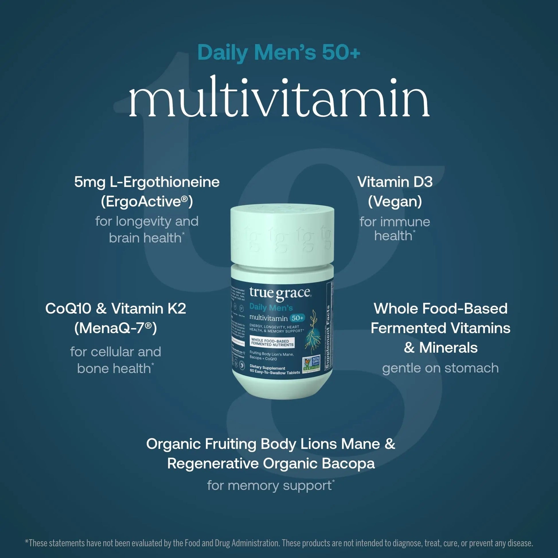 True Grace Daily Men’s Multivitamin 50+ - 60 Easy-to-Swallow Tablets - Immune, Energy, Longevity & Memory Support - Maple Wellness Supplements