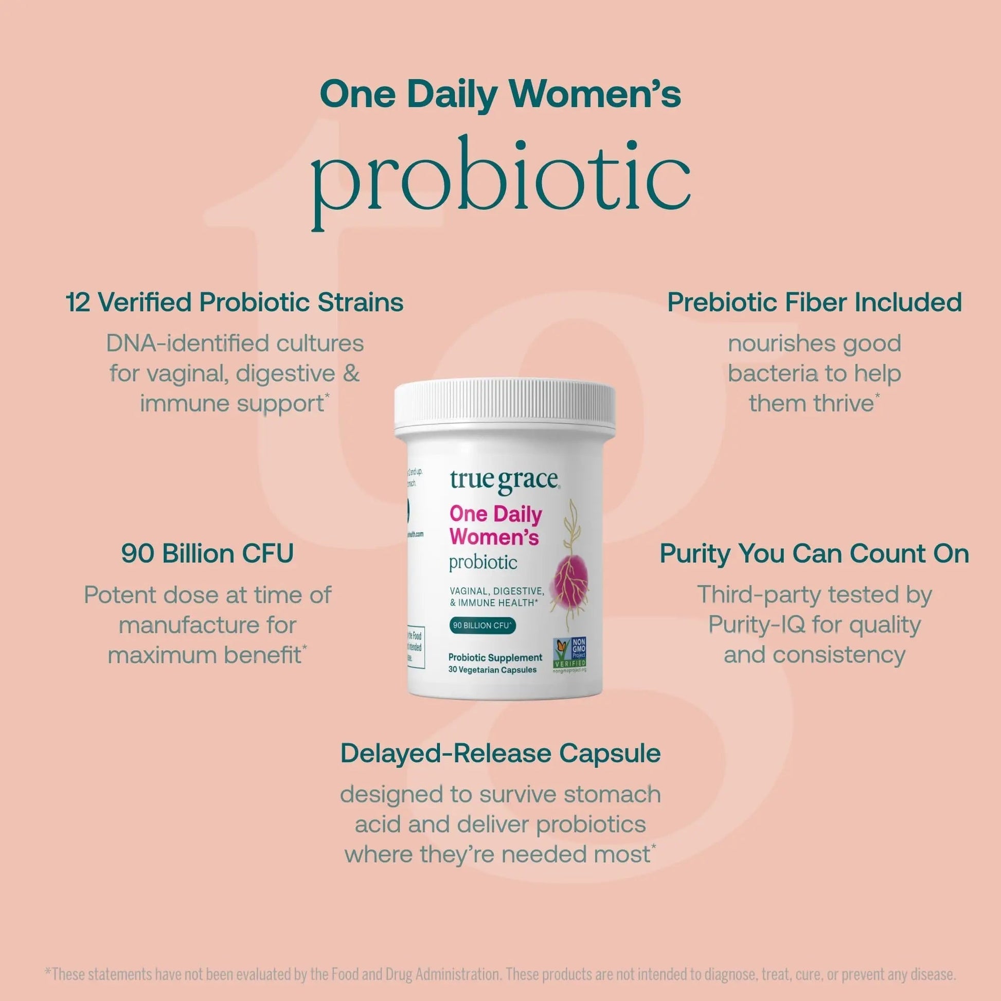 True Grace One Daily Women’s Probiotic - 30 Vegetarian Capsules - 90 Billion CFU - Digestive, Vaginal & Immune Health - Gluten & Soy Free - Maple Wellness Supplements