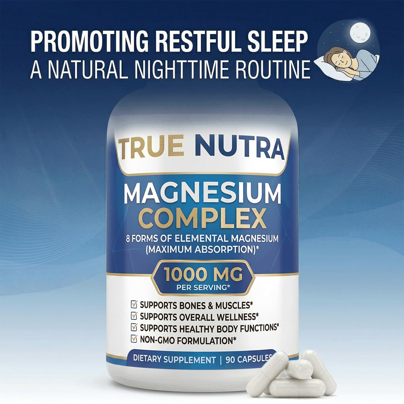 True nutra Magnesium Complex，Advanced 8-in-1 Magnesium Blend，Glycinate, Citrate, Malate, Taurate etc，High Formula，90 Capsules - Maple Wellness Supplements