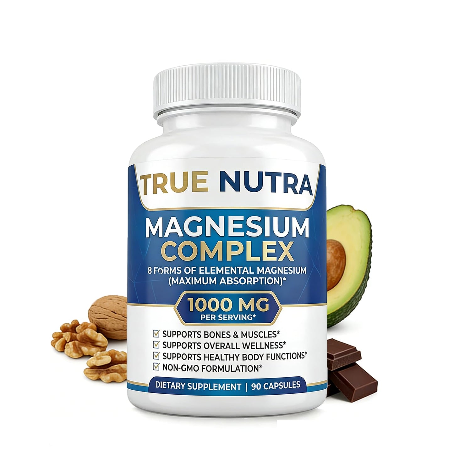 True nutra Magnesium Complex，Advanced 8-in-1 Magnesium Blend，Glycinate, Citrate, Malate, Taurate etc，High Formula，90 Capsules - Maple Wellness Supplements