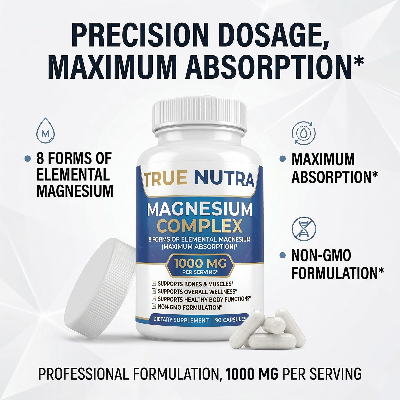 True nutra Magnesium Complex，Advanced 8-in-1 Magnesium Blend，Glycinate, Citrate, Malate, Taurate etc，High Formula，90 Capsules - Maple Wellness Supplements