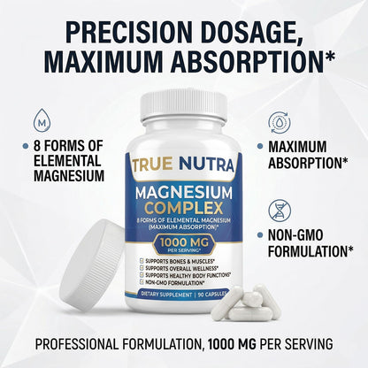 True nutra Magnesium Complex，Advanced 8-in-1 Magnesium Blend，Glycinate, Citrate, Malate, Taurate etc，High Formula，90 Capsules - Maple Wellness Supplements