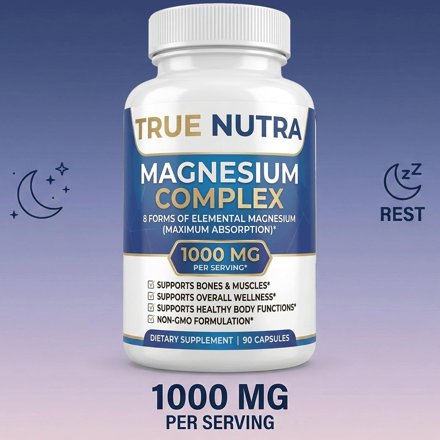 True nutra Magnesium Complex，Advanced 8-in-1 Magnesium Blend，Glycinate, Citrate, Malate, Taurate etc，High Formula，90 Capsules - Maple Wellness Supplements