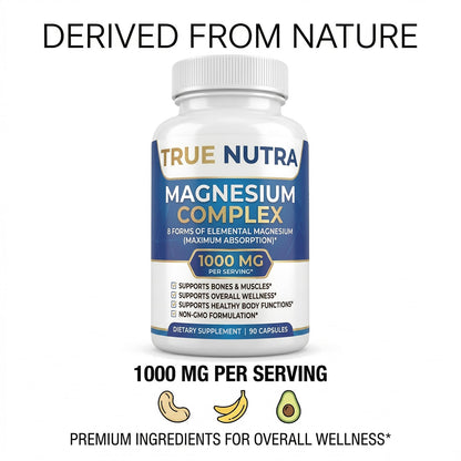 True nutra Magnesium Complex，Advanced 8-in-1 Magnesium Blend，Glycinate, Citrate, Malate, Taurate etc，High Formula，90 Capsules - Maple Wellness Supplements