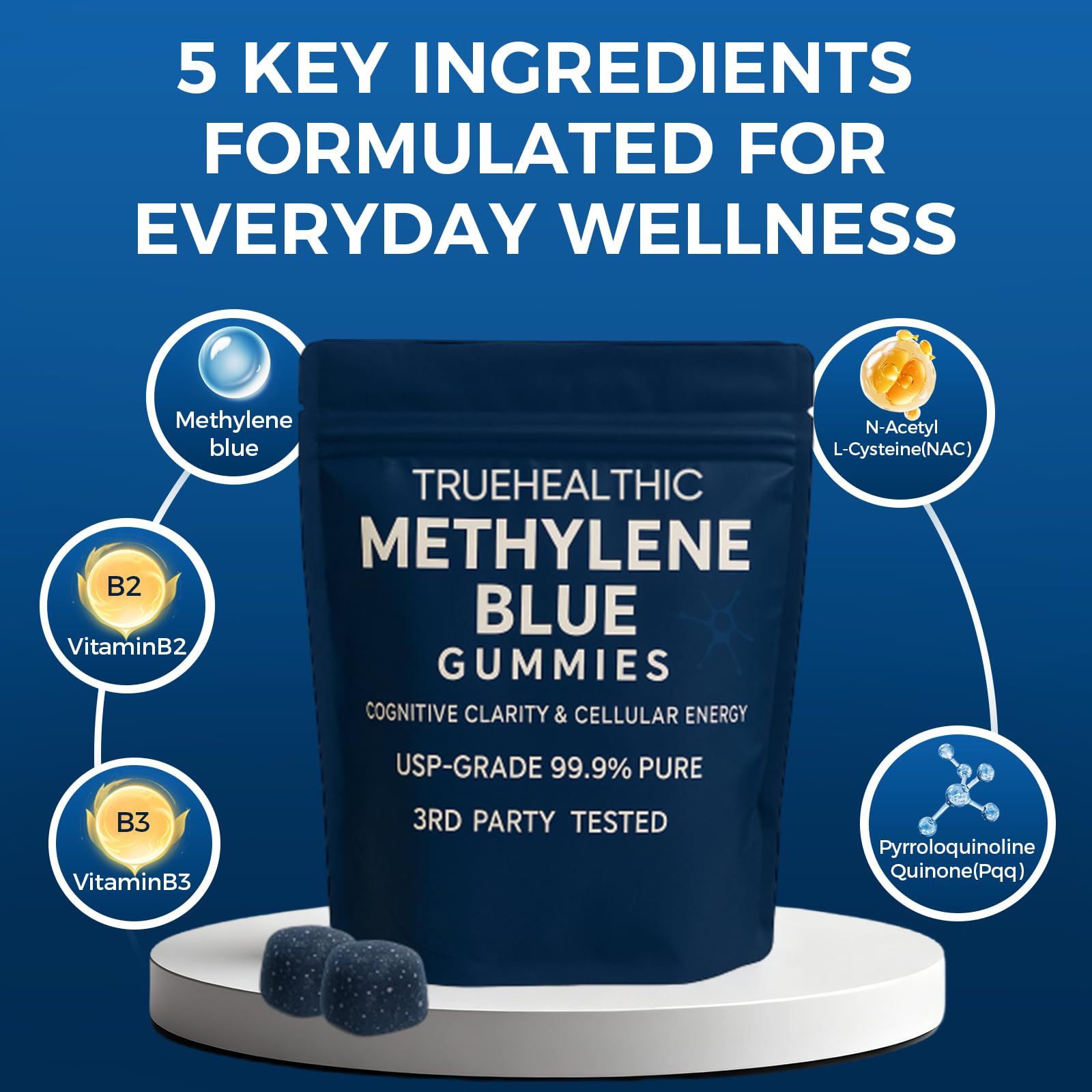 TRUEHEALTHIC Methylene Blue Gummies, for Cognitive Support & Mental Focus, Clean 5mg of Methylene Blue Per Gummy, - Maple Wellness Supplements