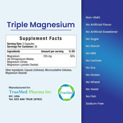 Truemed Triple Magnesium Complex Supplement 235mg with Magnesium Citrate, Malate & Lysinate Chelate | Magnesium Supplement for Sleep, Muscle Relaxation, Energy & Nerve Support | 60 Capsules, USA Made - Maple Wellness Supplements