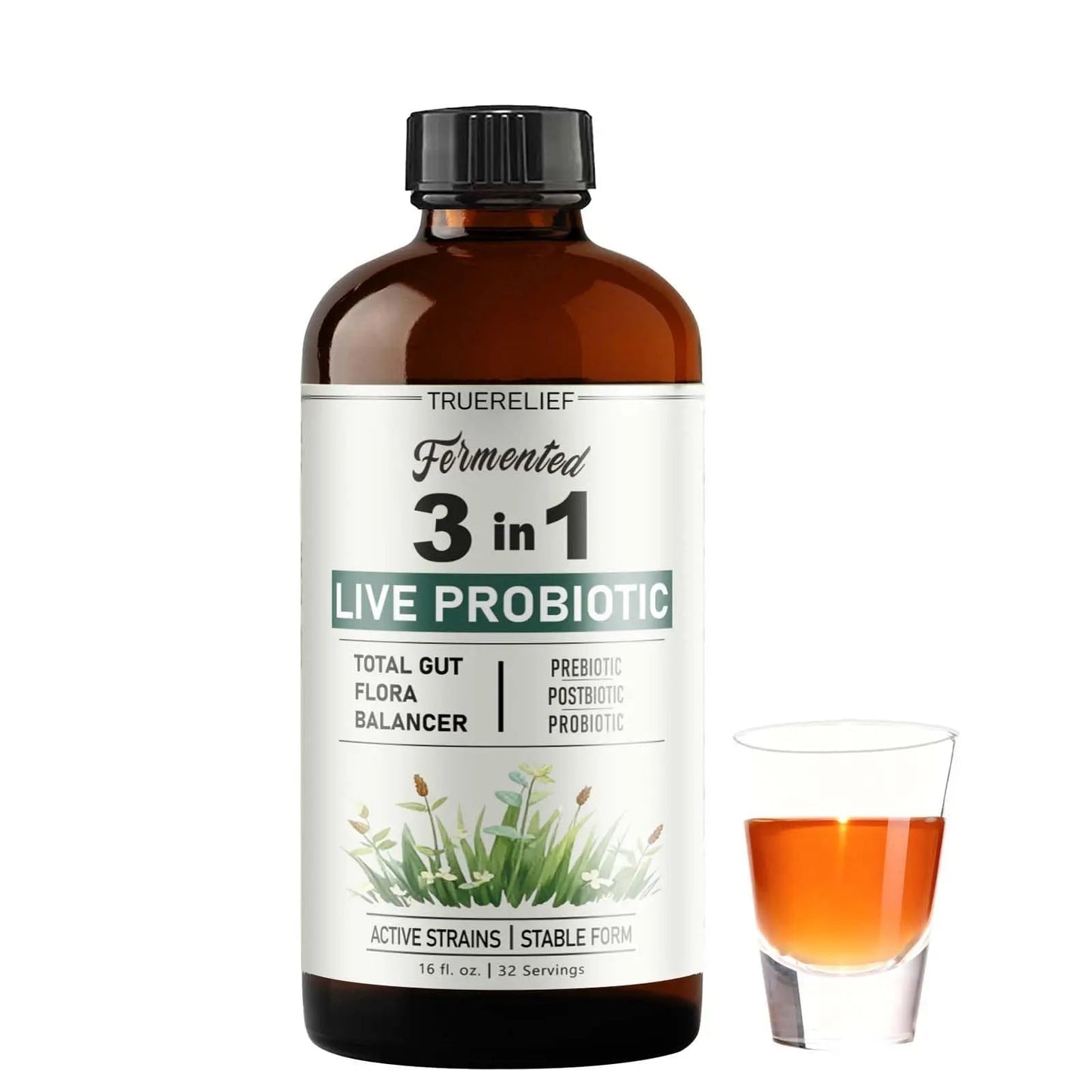 TRUERELIEF Women's Daily Probiotic + Prebiotic + Postbiotic Liquid, 3-in-1 for Gut Health, 10 Strains & 18 Fermented Herbs (1) - Maple Wellness Supplements
