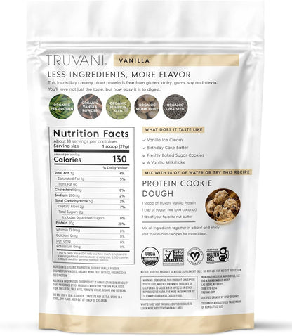 Truvani Organic Plant Based Protein Powder | Vanilla | 20g Pea Protein | 18 Servings | Vegan & Keto | Gluten & Dairy Free | Low Carb | No Added Sugar - Maple Wellness Supplements