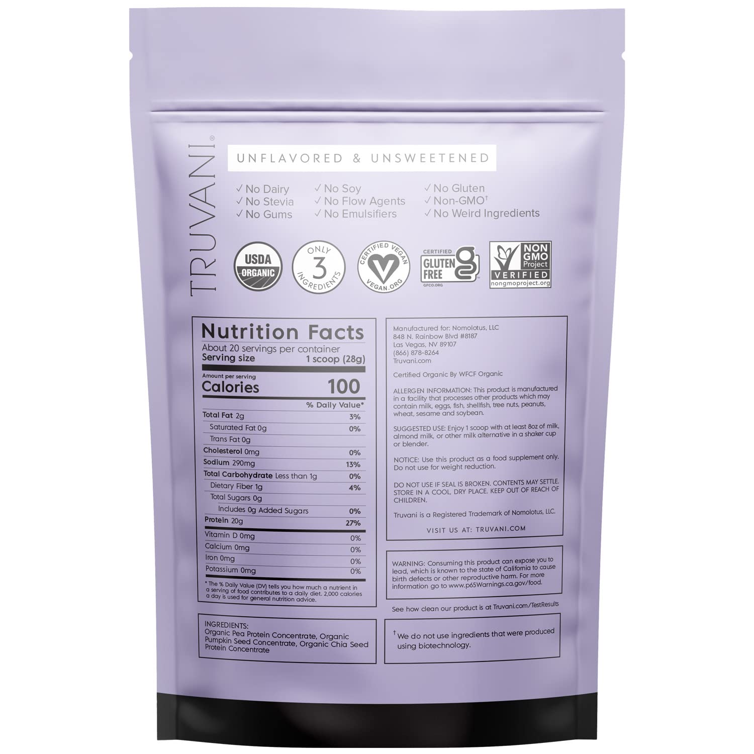 Truvani Organic Vegan Protein Powder Unflavored - 20g of Plant Based Protein, Organic - Maple Wellness Supplements