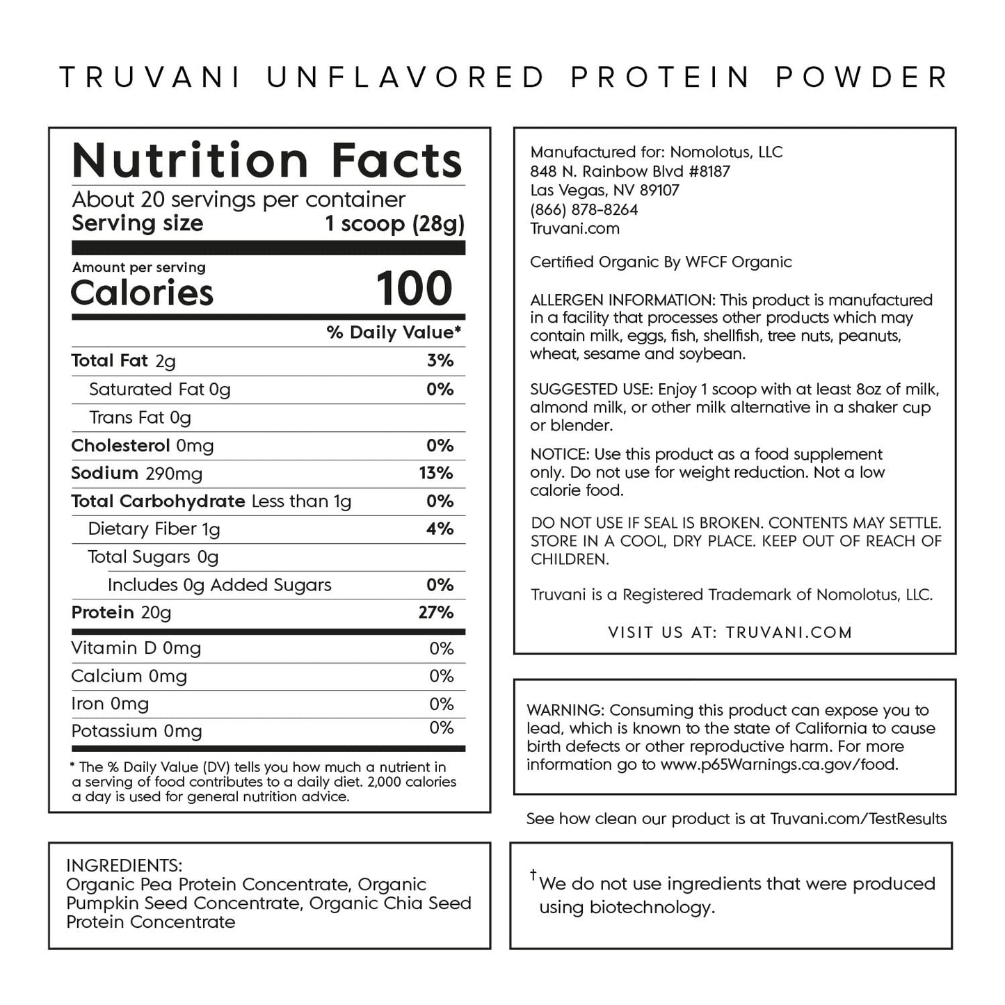Truvani Organic Vegan Protein Powder Unflavored - 20g of Plant Based Protein, Organic - Maple Wellness Supplements