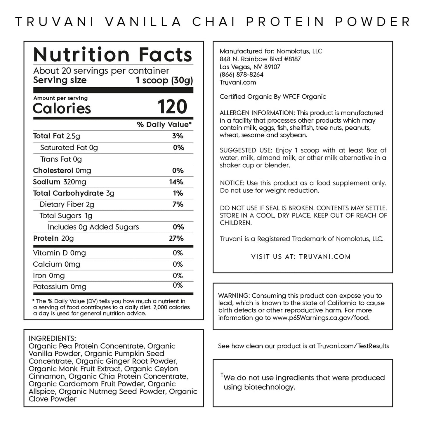 Truvani Organic Vegan Protein Powder Vanilla Chai - 20g of Plant Based Protein, Organic - Maple Wellness Supplements
