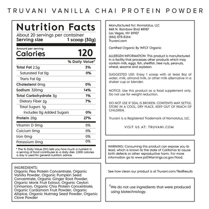 Truvani Organic Vegan Protein Powder Vanilla Chai - 20g of Plant Based Protein, Organic - Maple Wellness Supplements