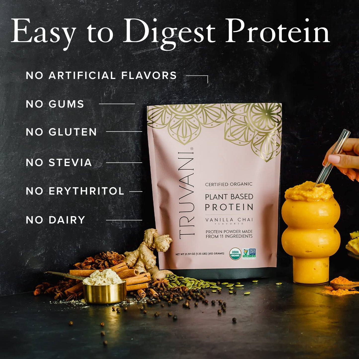 Truvani Organic Vegan Protein Powder Vanilla Chai - 20g of Plant Based Protein, Organic - Maple Wellness Supplements