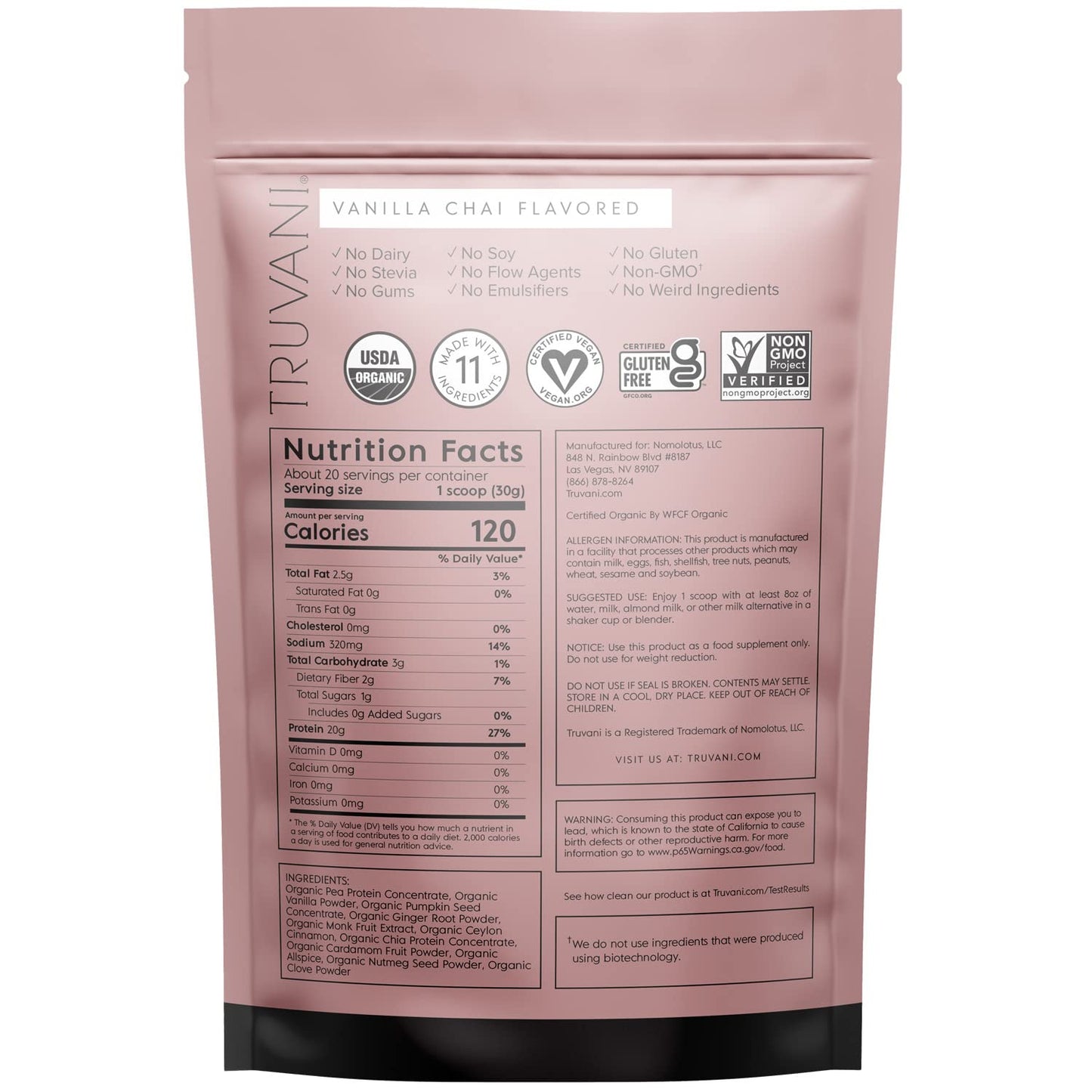 Truvani Organic Vegan Protein Powder Vanilla Chai - 20g of Plant Based Protein, Organic - Maple Wellness Supplements