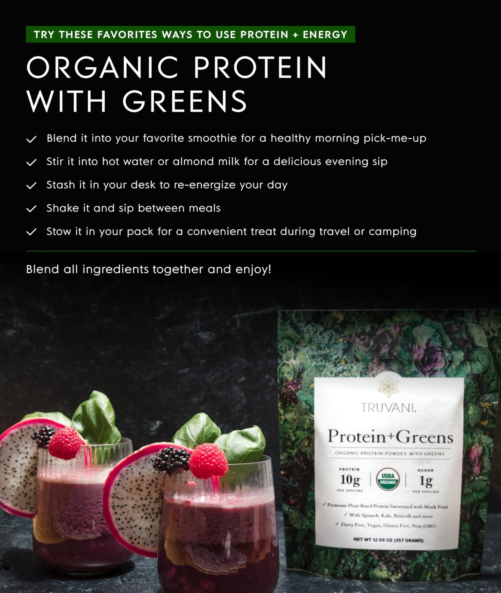 Truvani Protein + Greens Supplement | Spinach, Kale & Broccoli | 10g Organic Plant Based Protein | 20 Servings | USDA Organic | Gluten & Dairy Free - Maple Wellness Supplements