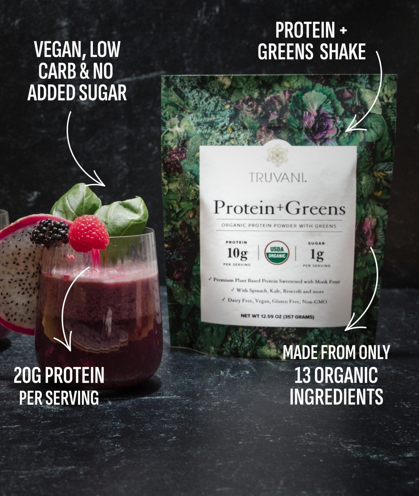Truvani Protein + Greens Supplement | Spinach, Kale & Broccoli | 10g Organic Plant Based Protein | 20 Servings | USDA Organic | Gluten & Dairy Free - Maple Wellness Supplements